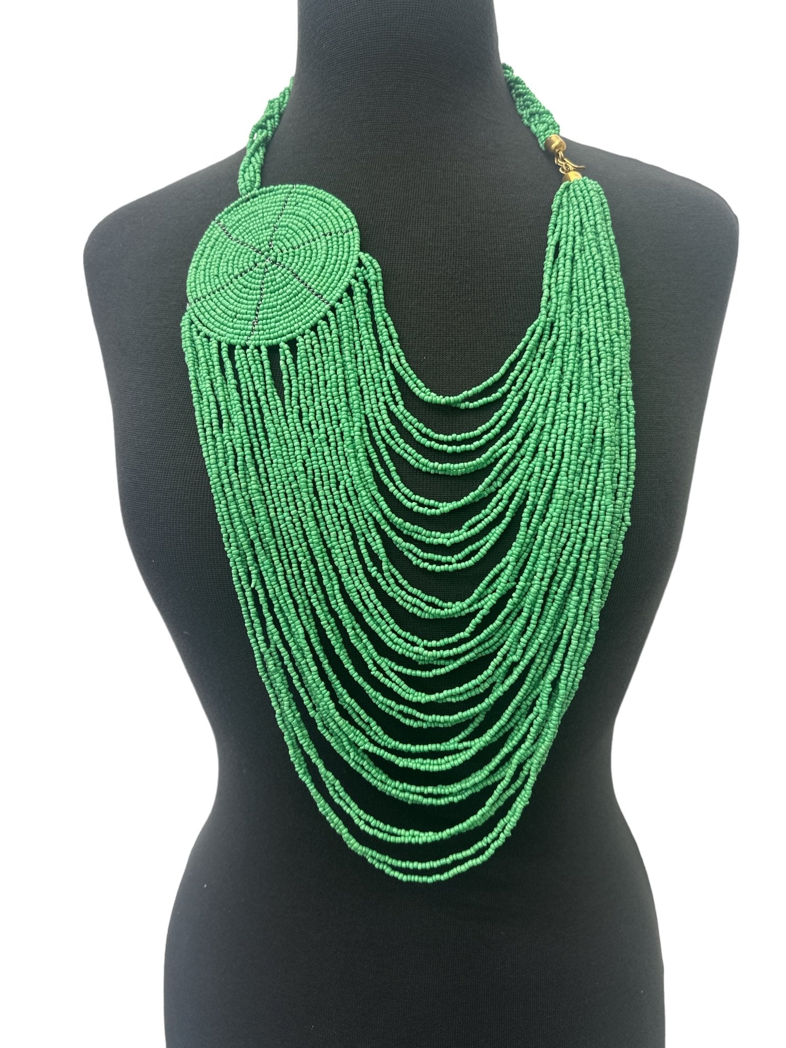 Authentic African Multilayer Green Beaded Large Disc Pendant Necklace - Fatisha Boutique