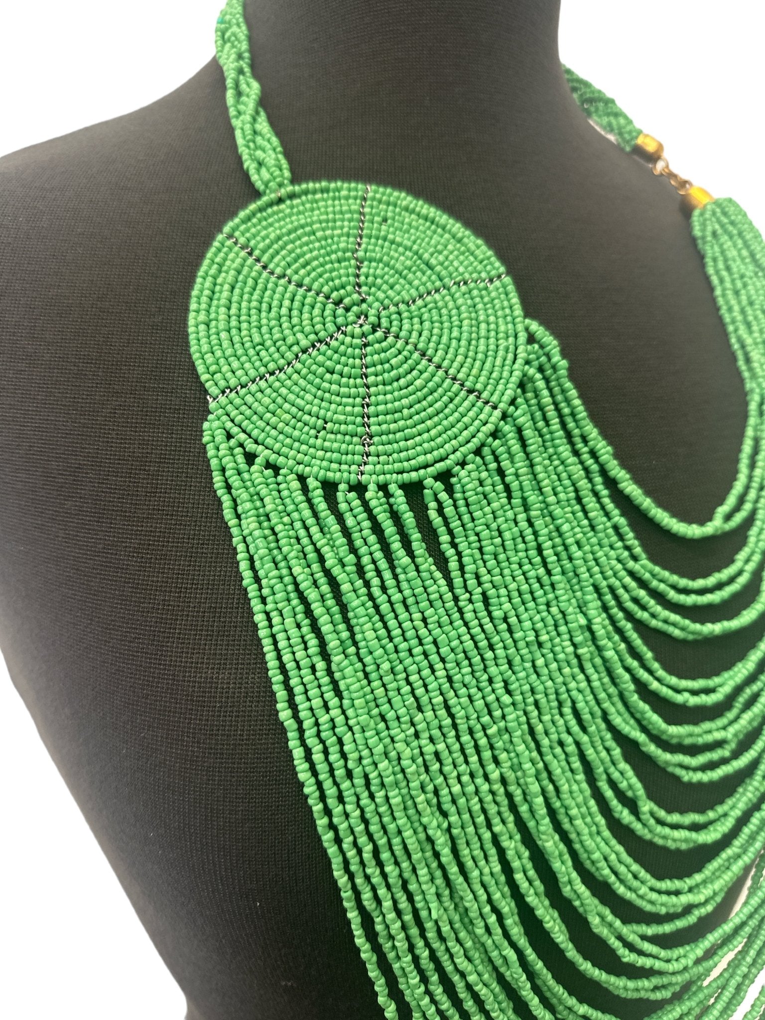 Authentic African Multilayer Green Beaded Large Disc Pendant Necklace - Fatisha Boutique