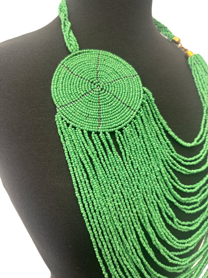 Authentic African Multilayer Green Beaded Large Disc Pendant Necklace - Fatisha Boutique