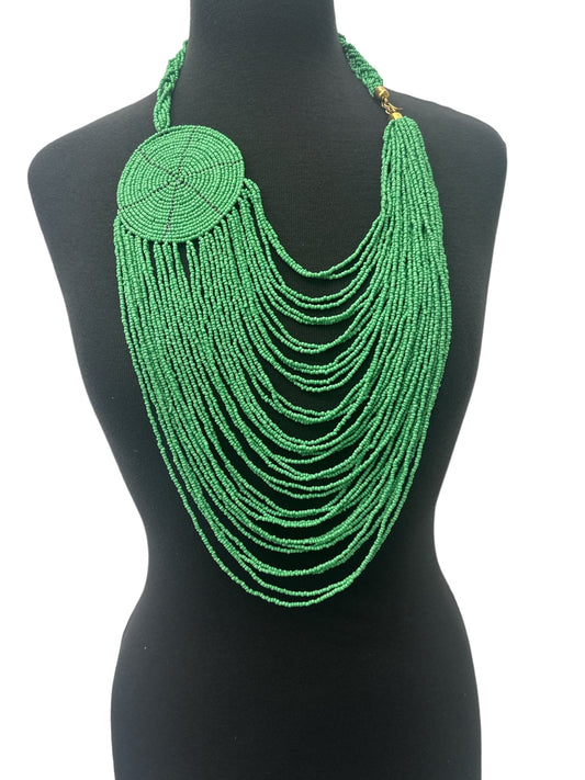 Authentic African Multilayer Green Beaded Large Disc Pendant Necklace - Fatisha Boutique