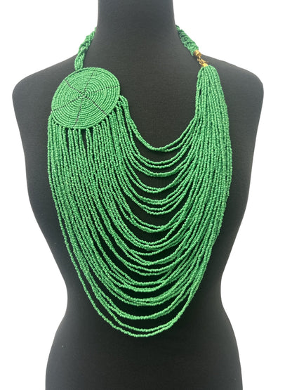 Authentic African Multilayer Green Beaded Large Disc Pendant Necklace - Fatisha Boutique