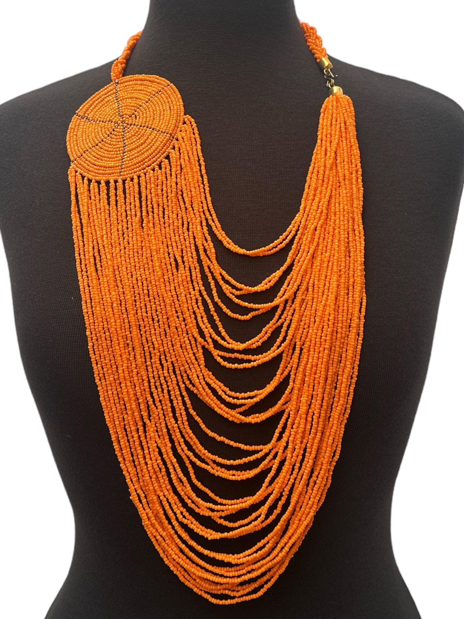 Authentic African Multilayer Orange Beaded Large Disc Pendant Necklace - Fatisha Boutique