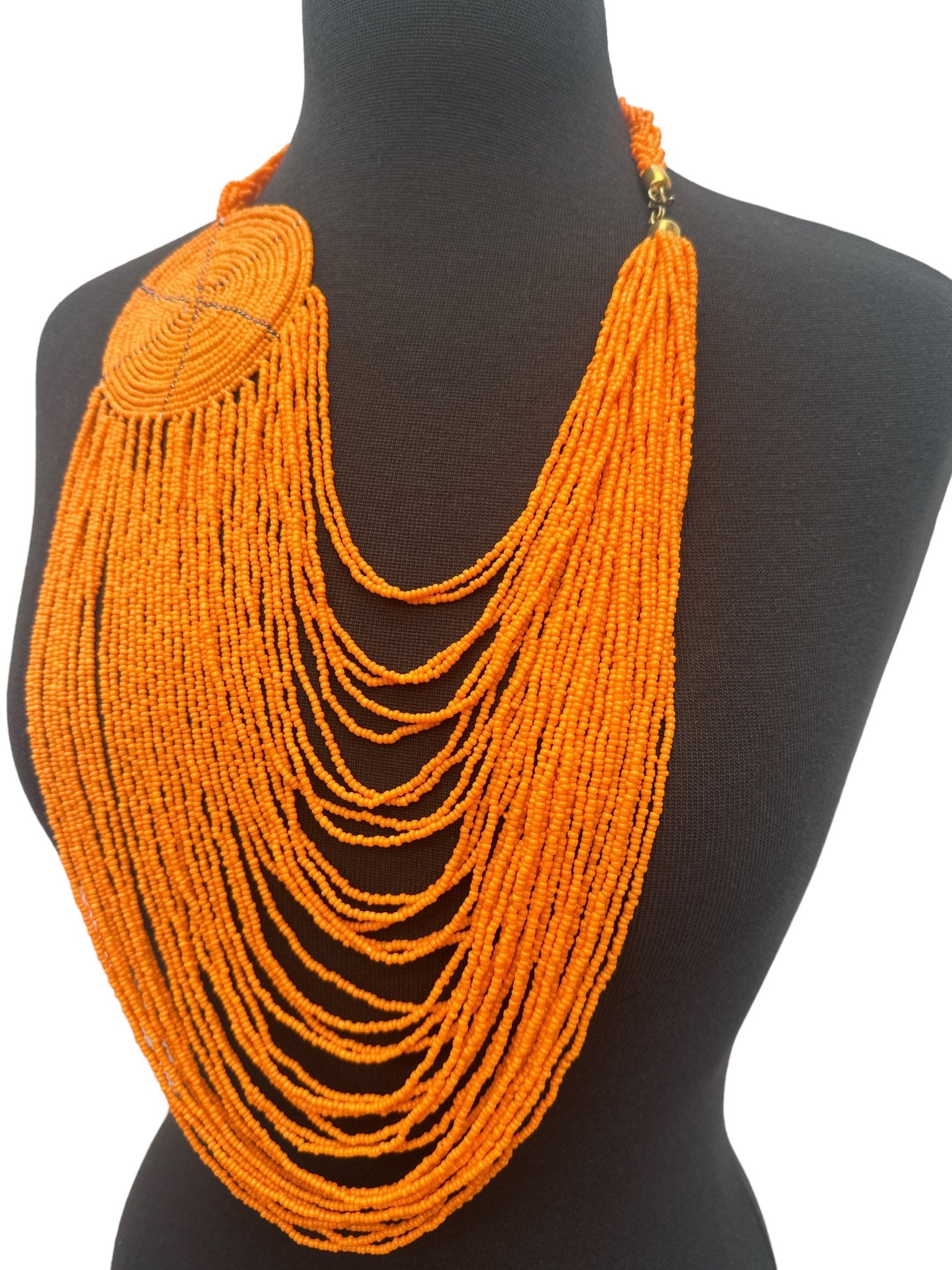 Authentic African Multilayer Orange Beaded Large Disc Pendant Necklace - Fatisha Boutique