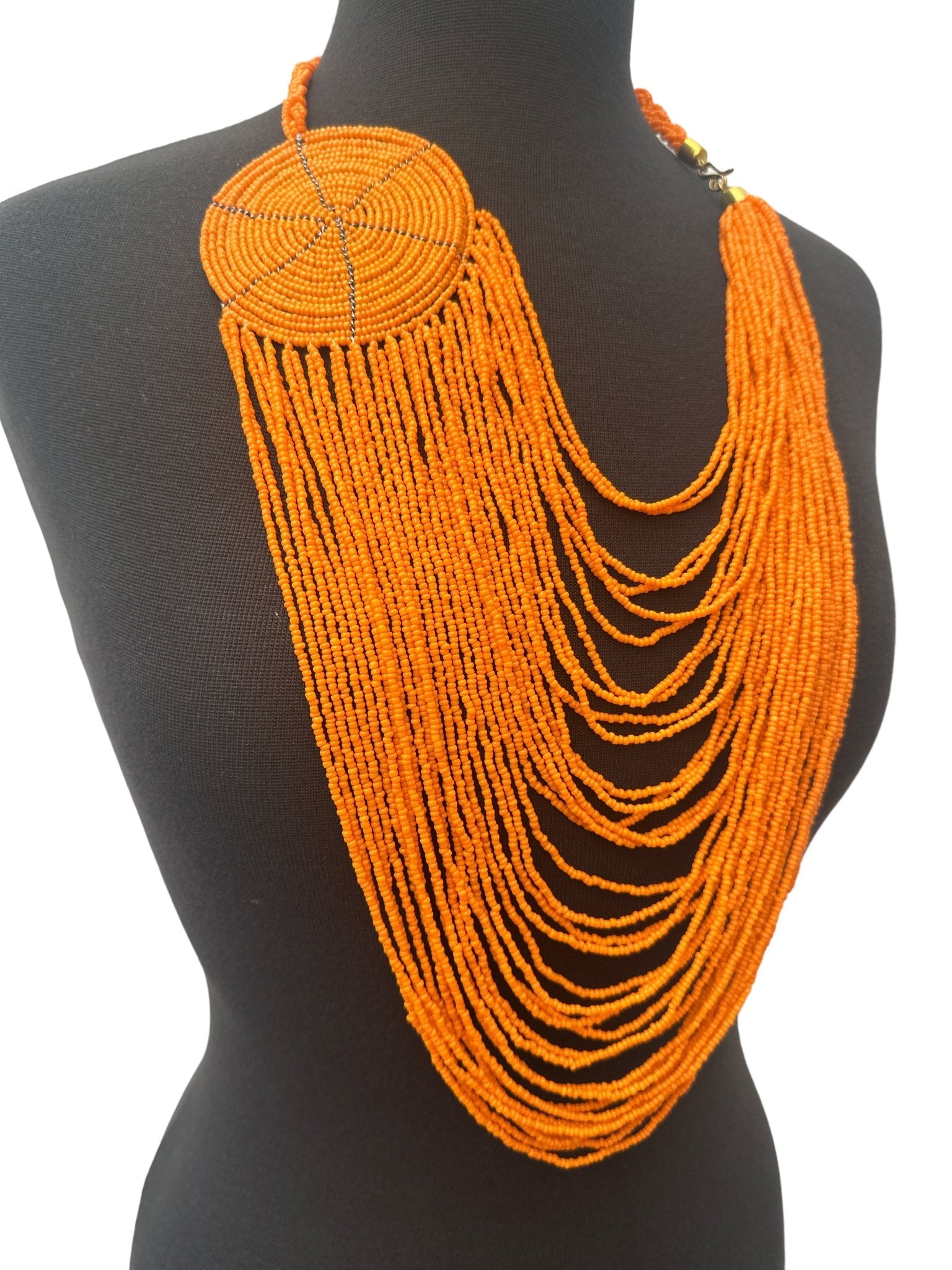 Authentic African Multilayer Orange Beaded Large Disc Pendant Necklace - Fatisha Boutique