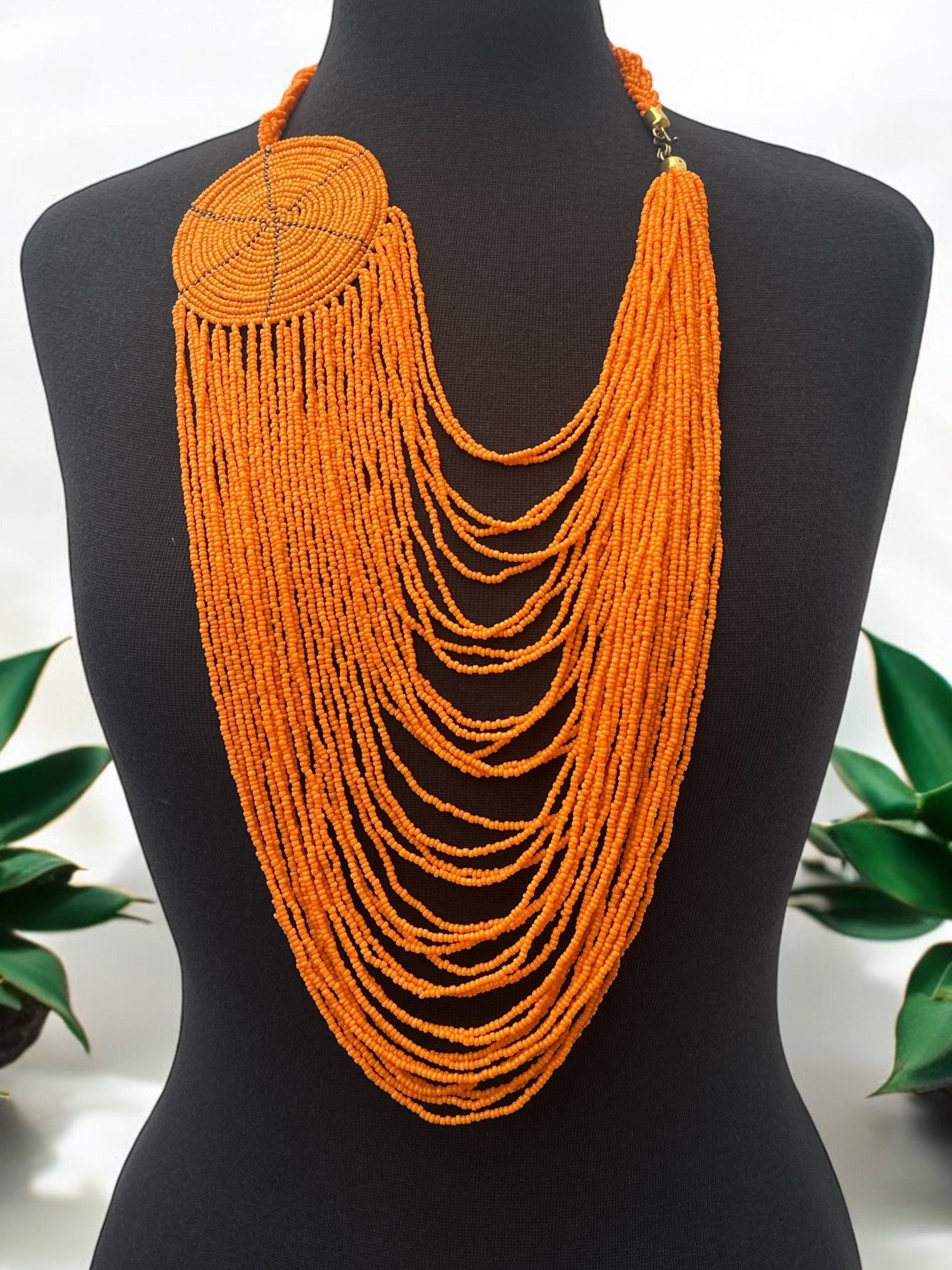 Authentic African Multilayer Orange Beaded Large Disc Pendant Necklace - Fatisha Boutique