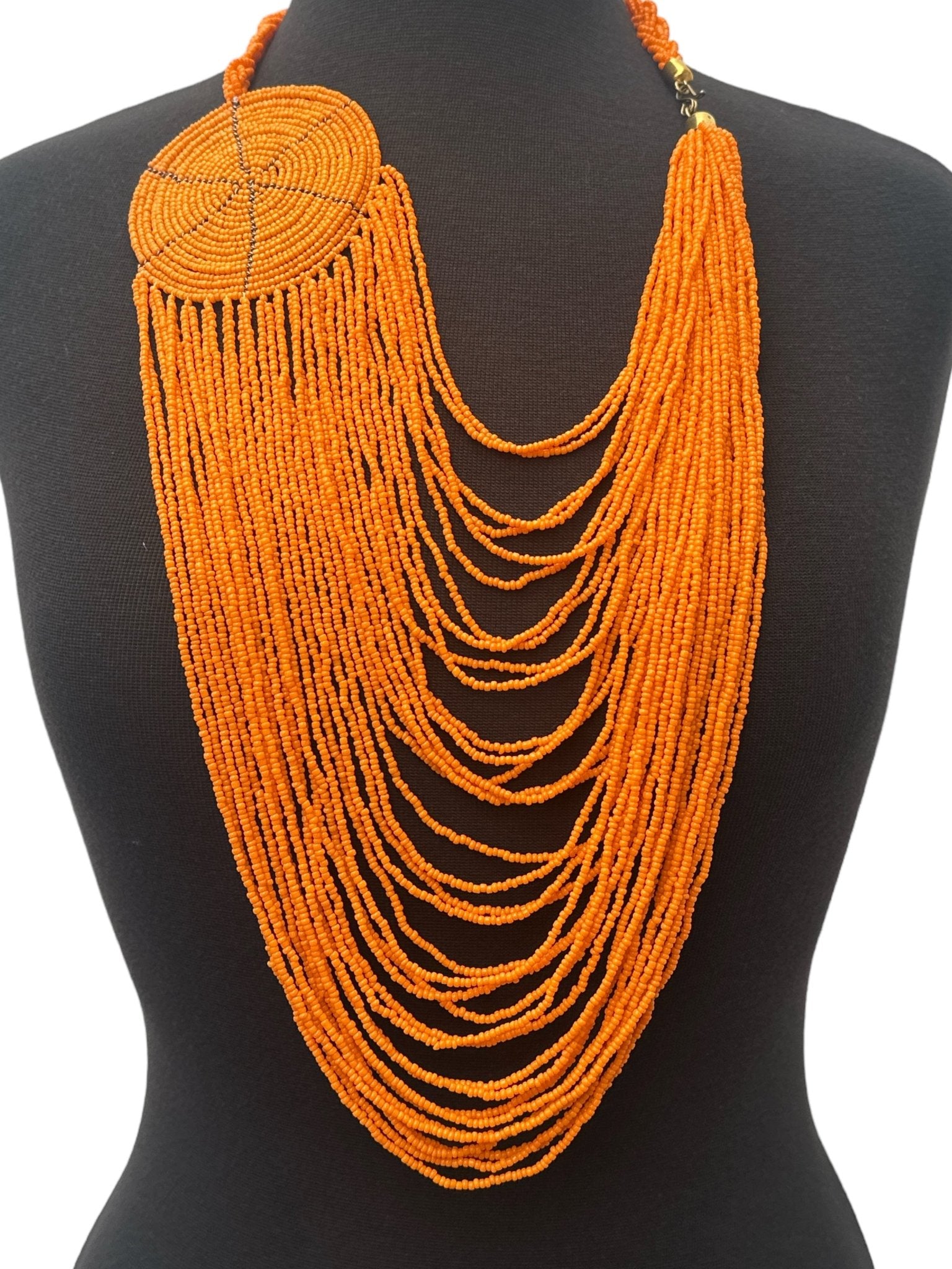 Authentic African Multilayer Orange Beaded Large Disc Pendant Necklace - Fatisha Boutique