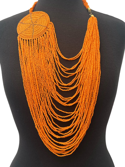 Authentic African Multilayer Orange Beaded Large Disc Pendant Necklace - Fatisha Boutique