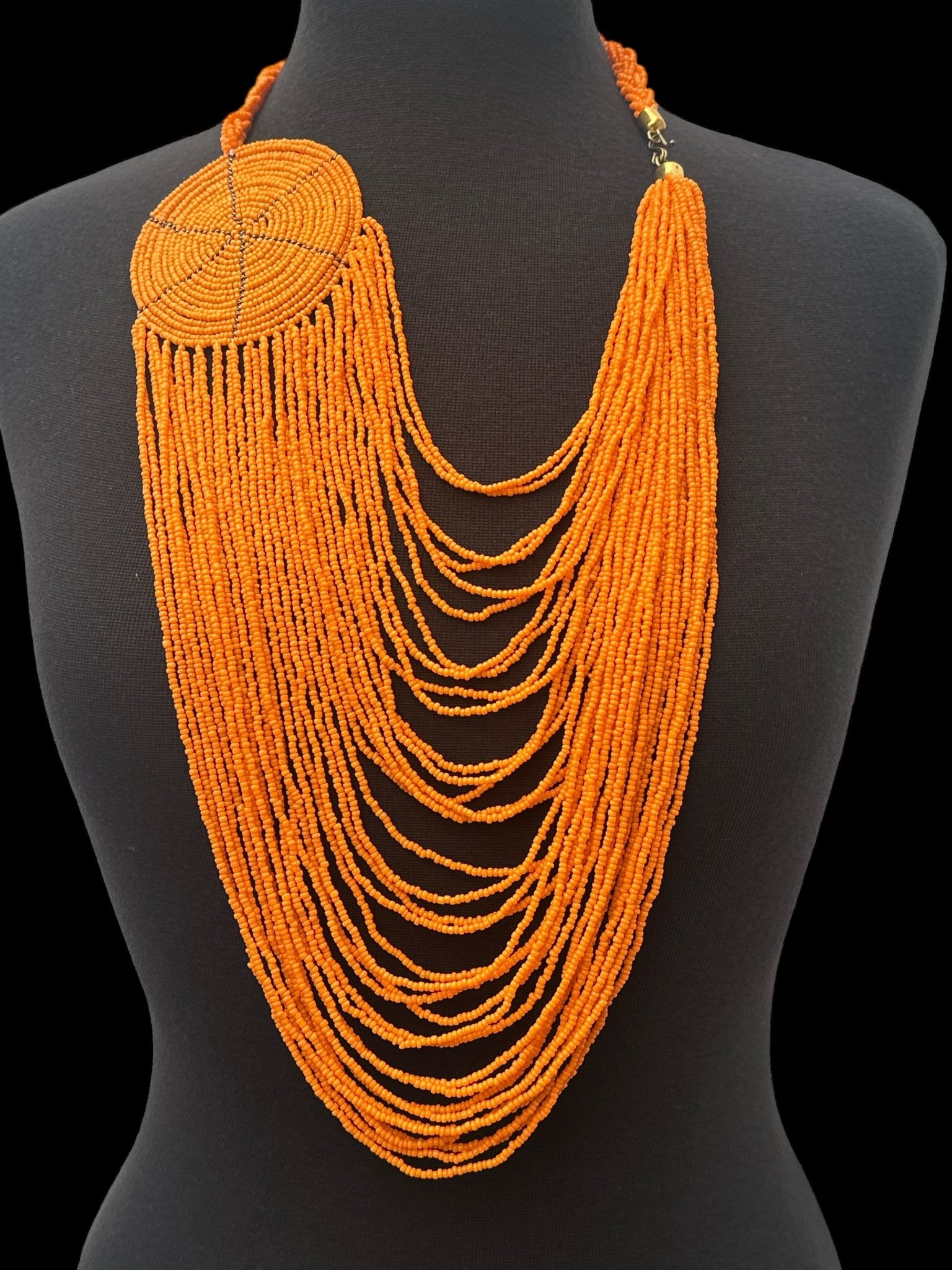 Authentic African Multilayer Orange Beaded Large Disc Pendant Necklace - Fatisha Boutique