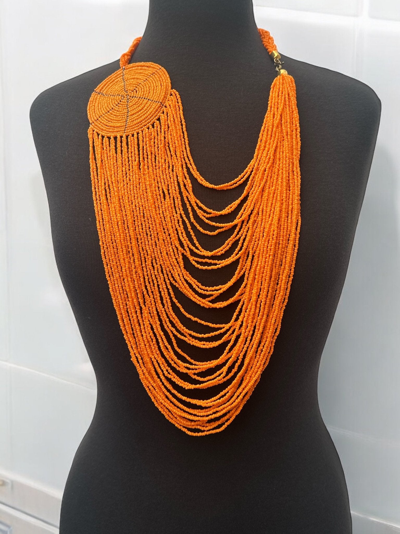 Authentic African Multilayer Orange Beaded Large Disc Pendant Necklace - Fatisha Boutique