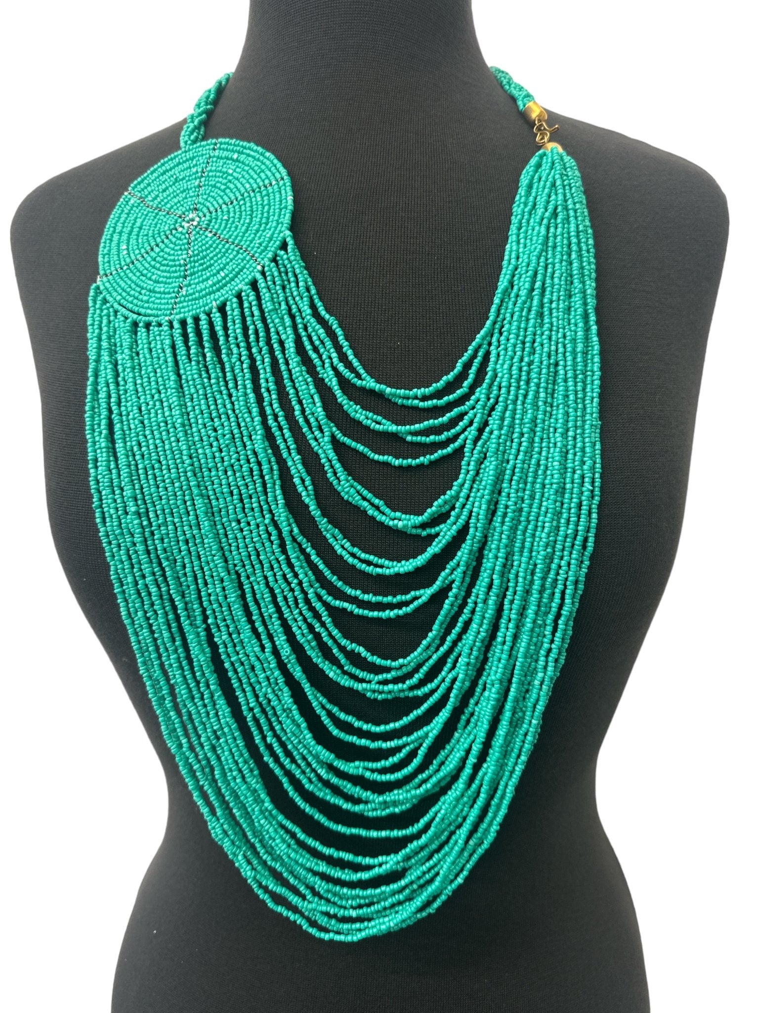 Authentic African Multilayer Turquoise Beaded Large Disc Pendant Necklace - Fatisha Boutique