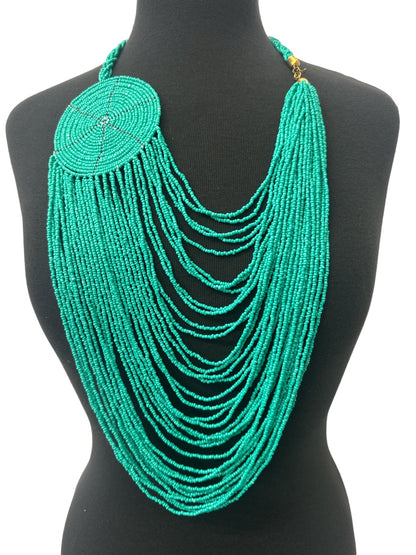 Authentic African Multilayer Turquoise Beaded Large Disc Pendant Necklace - Fatisha Boutique
