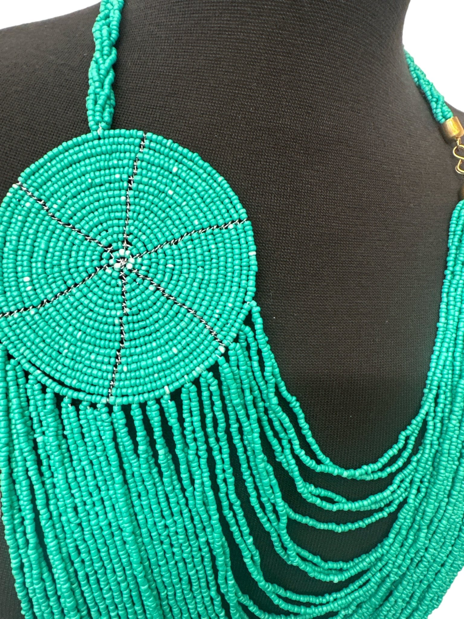 Authentic African Multilayer Turquoise Beaded Large Disc Pendant Necklace - Fatisha Boutique