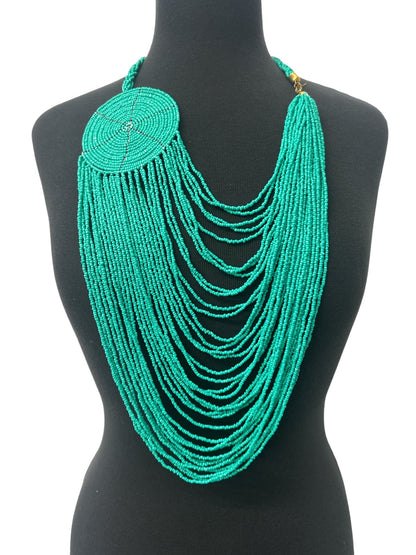 Authentic African Multilayer Turquoise Beaded Large Disc Pendant Necklace - Fatisha Boutique