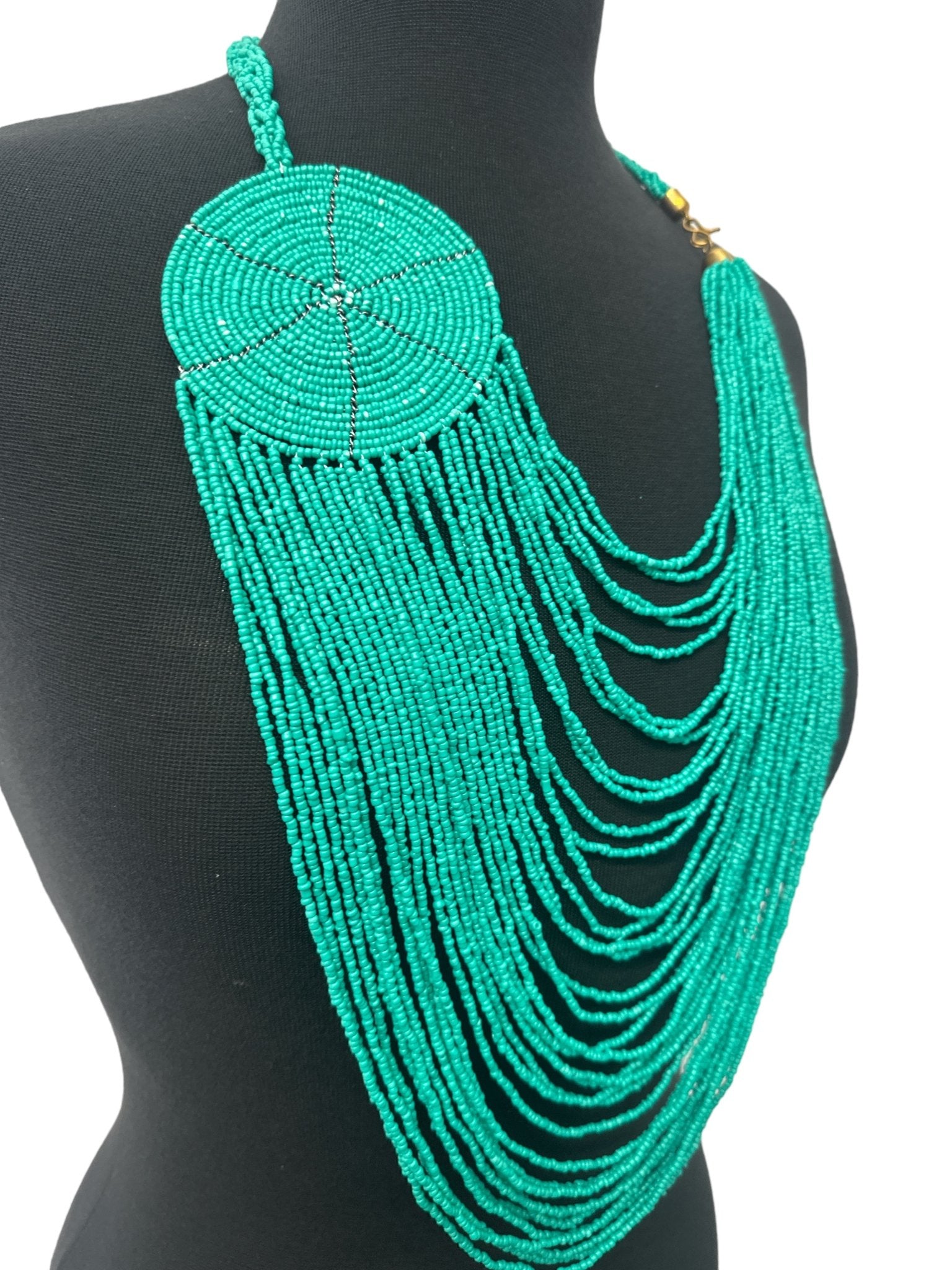 Authentic African Multilayer Turquoise Beaded Large Disc Pendant Necklace - Fatisha Boutique