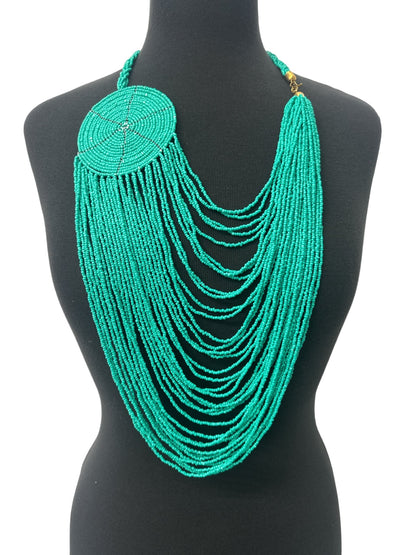 Authentic African Multilayer Turquoise Beaded Large Disc Pendant Necklace - Fatisha Boutique