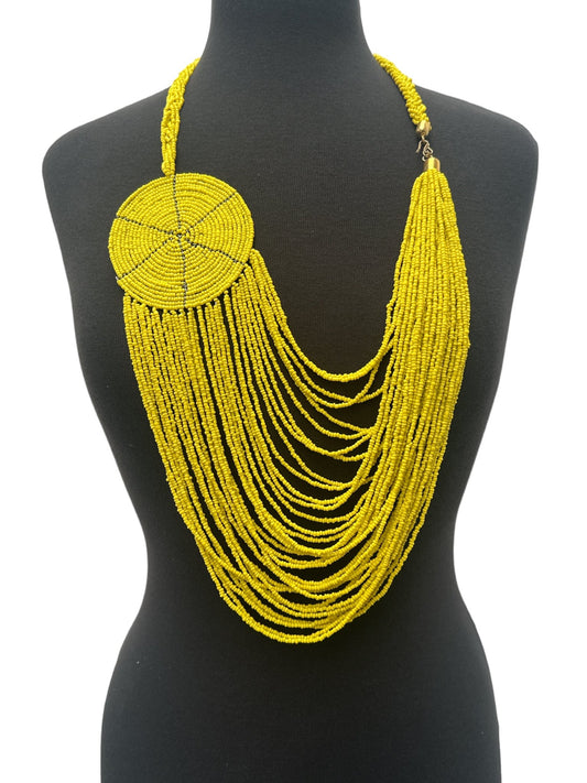 Authentic African Multilayer Yellow Beaded Large Disc Pendant Necklace - Fatisha Boutique