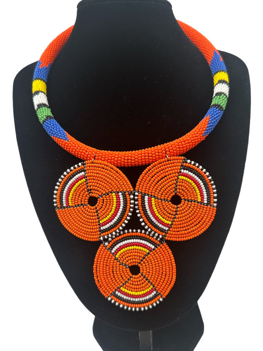 Authentic African Orange Beaded Pendant Necklace - Fatisha Boutique