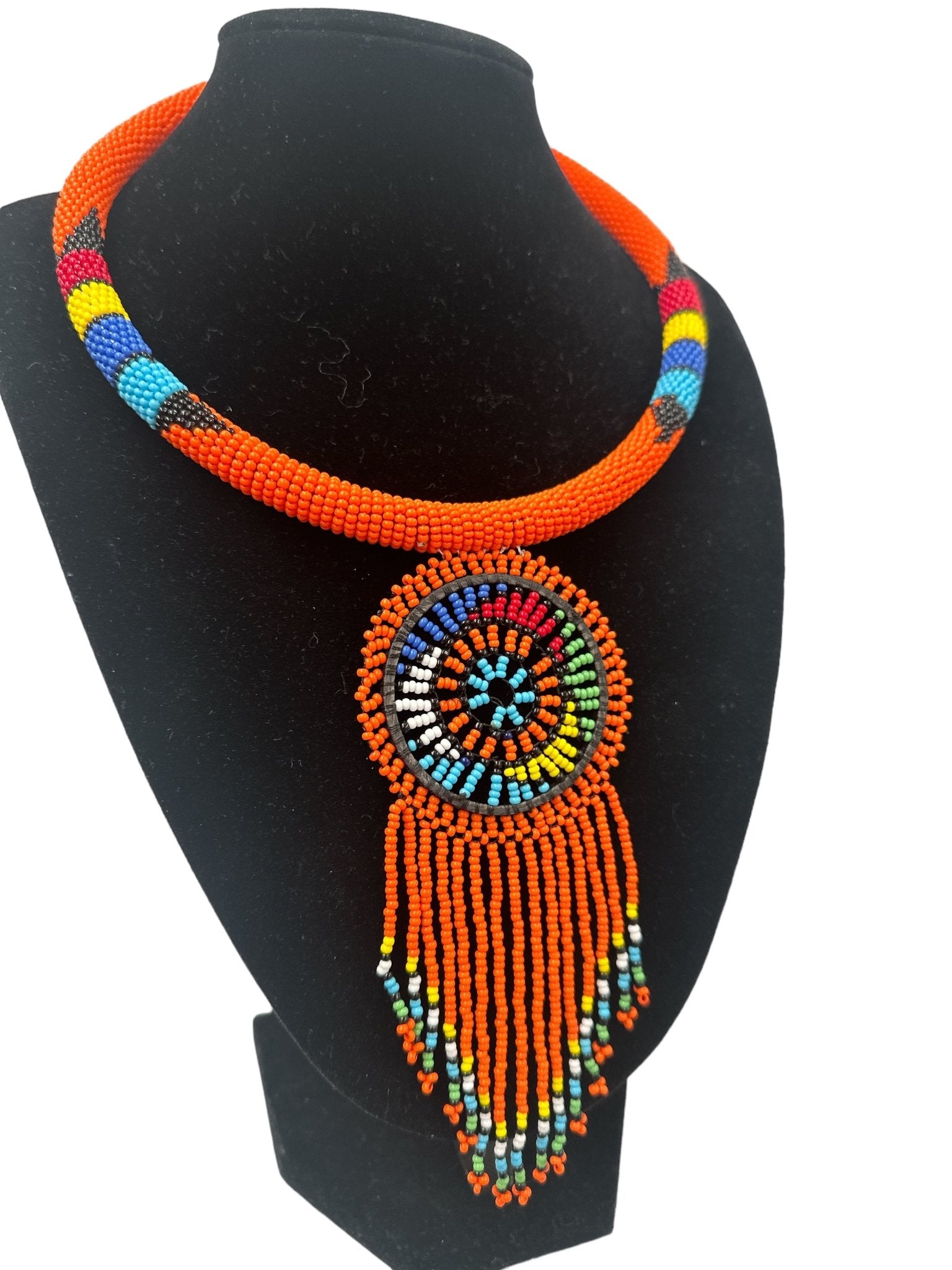 Authentic African Orange Beaded Tassel Ethnic Pendant Necklace - Fatisha Boutique