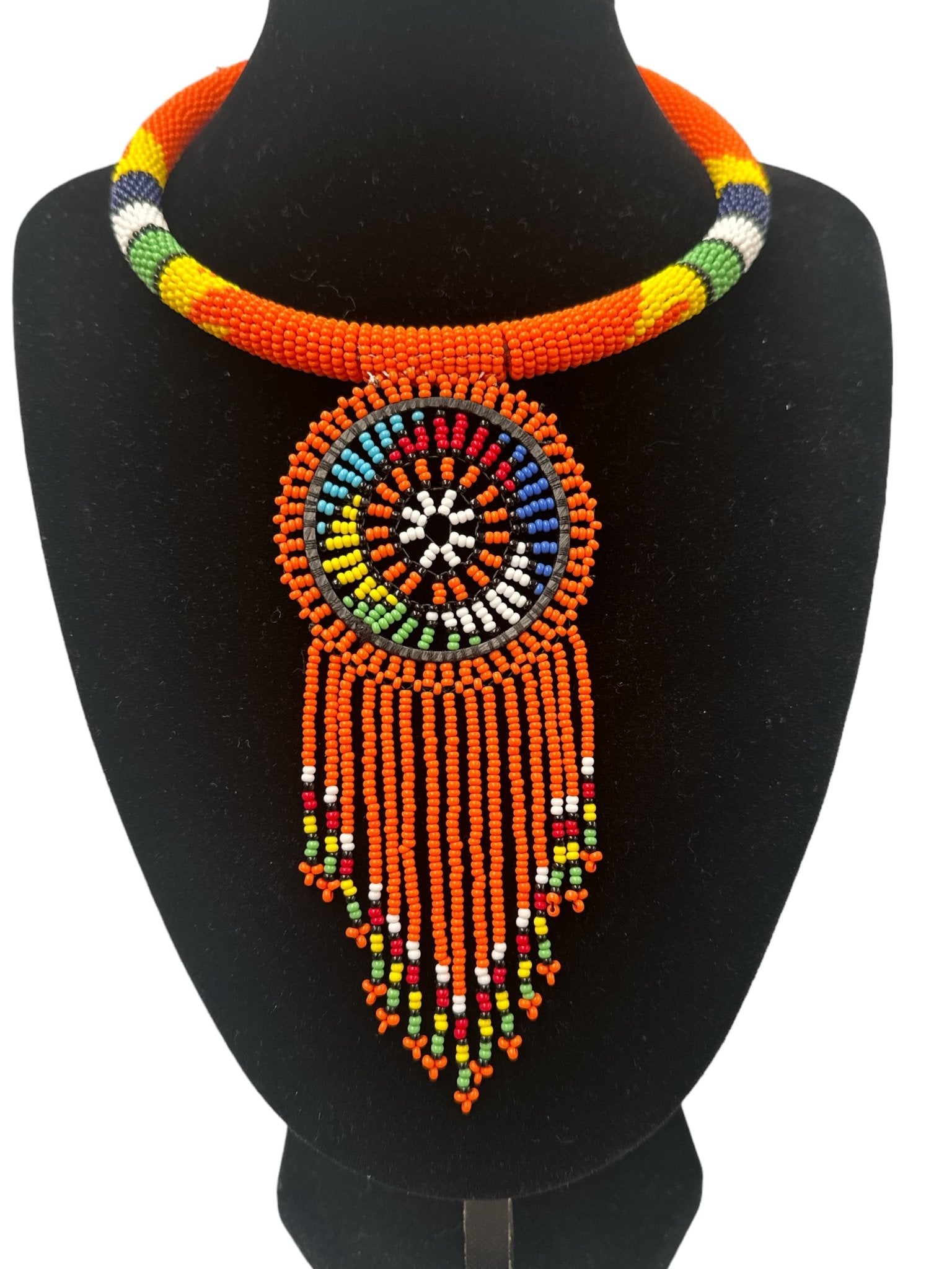 Authentic African Orange Beaded Tassel Ethnic Pendant Necklace - Fatisha Boutique