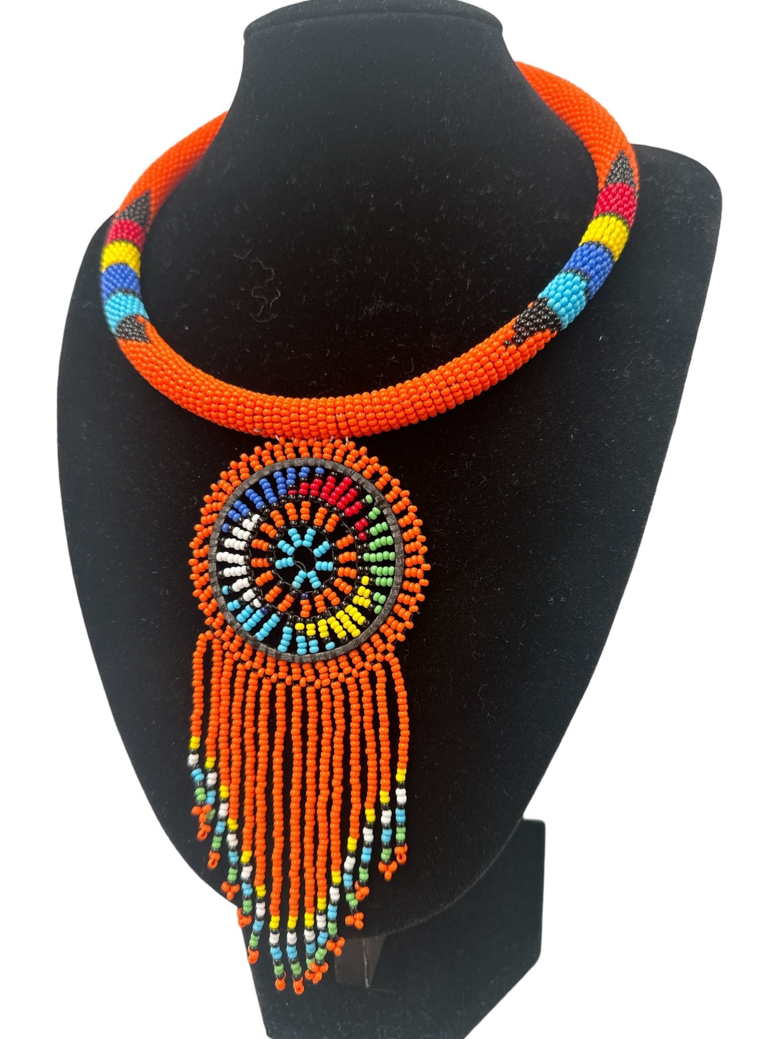 Authentic African Orange Beaded Tassel Ethnic Pendant Necklace - Fatisha Boutique