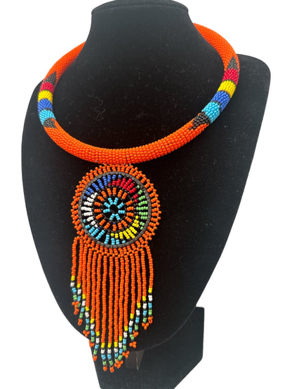Authentic African Orange Beaded Tassel Ethnic Pendant Necklace - Fatisha Boutique