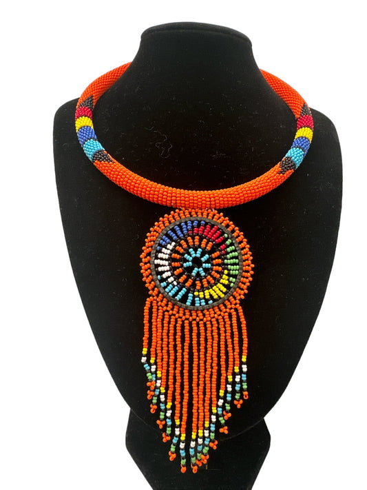 Authentic African Orange Beaded Tassel Ethnic Pendant Necklace - Fatisha Boutique