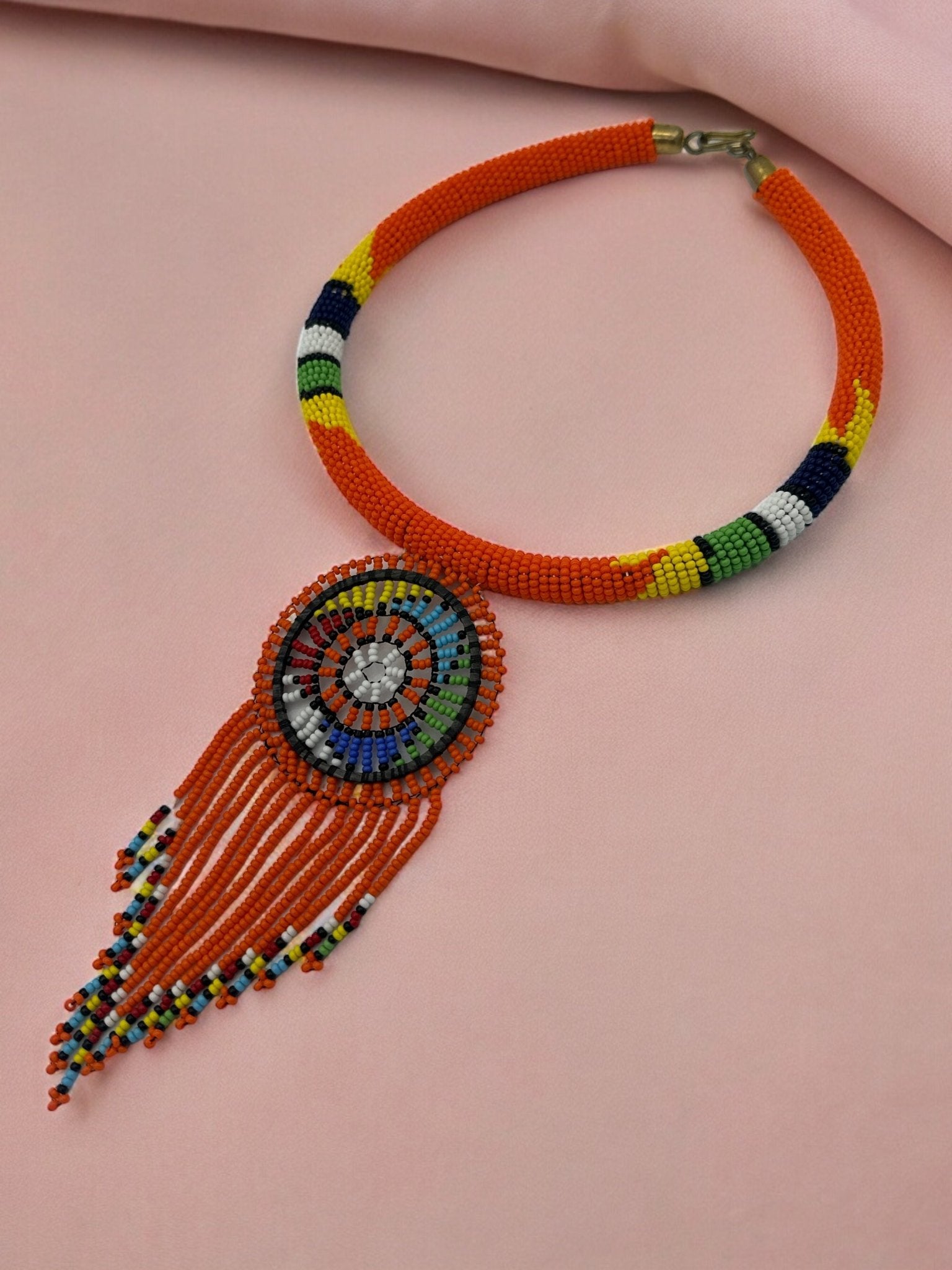 Authentic African Orange Beaded Tassel Ethnic Pendant Necklace - Fatisha Boutique