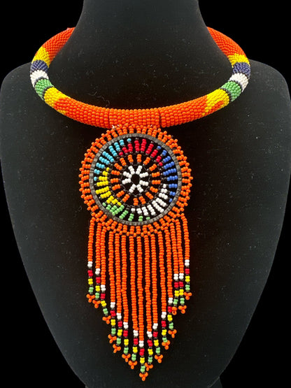 Authentic African Orange Beaded Tassel Ethnic Pendant Necklace - Fatisha Boutique