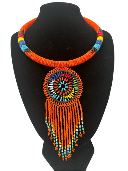 Authentic African Orange Beaded Tassel Ethnic Pendant Necklace - Fatisha Boutique