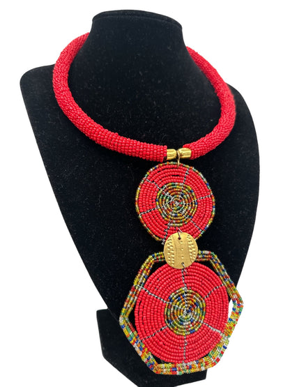 Authentic African Red Beaded Disc Pendant Necklace - Fatisha Boutique