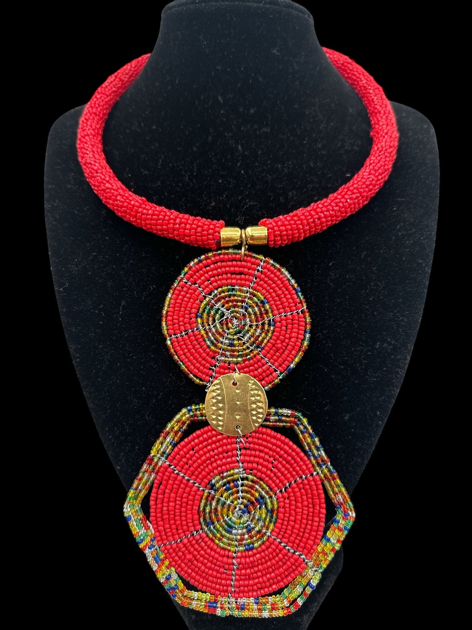 Authentic African Red Beaded Disc Pendant Necklace - Fatisha Boutique