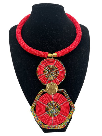 Authentic African Red Beaded Disc Pendant Necklace - Fatisha Boutique
