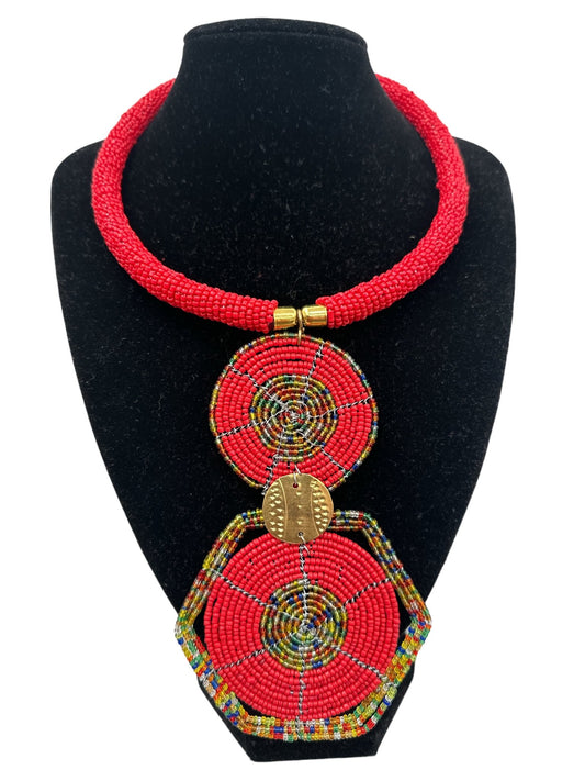Authentic African Red Beaded Disc Pendant Necklace - Fatisha Boutique