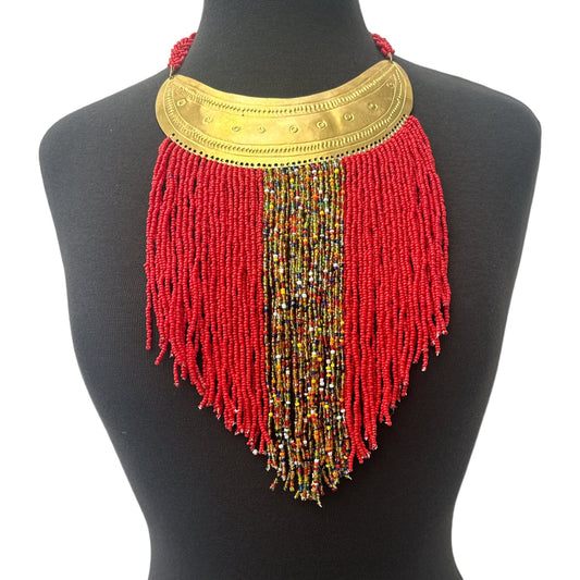 Authentic African Red Beaded Ethnic Tassels Fringe Brass Pendant Necklace - Fatisha Boutique