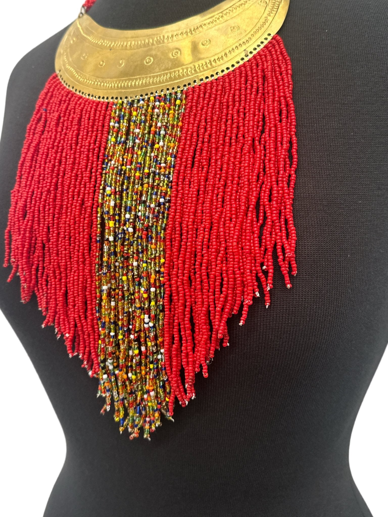 Authentic African Red Beaded Ethnic Tassels Fringe Brass Pendant Necklace - Fatisha Boutique