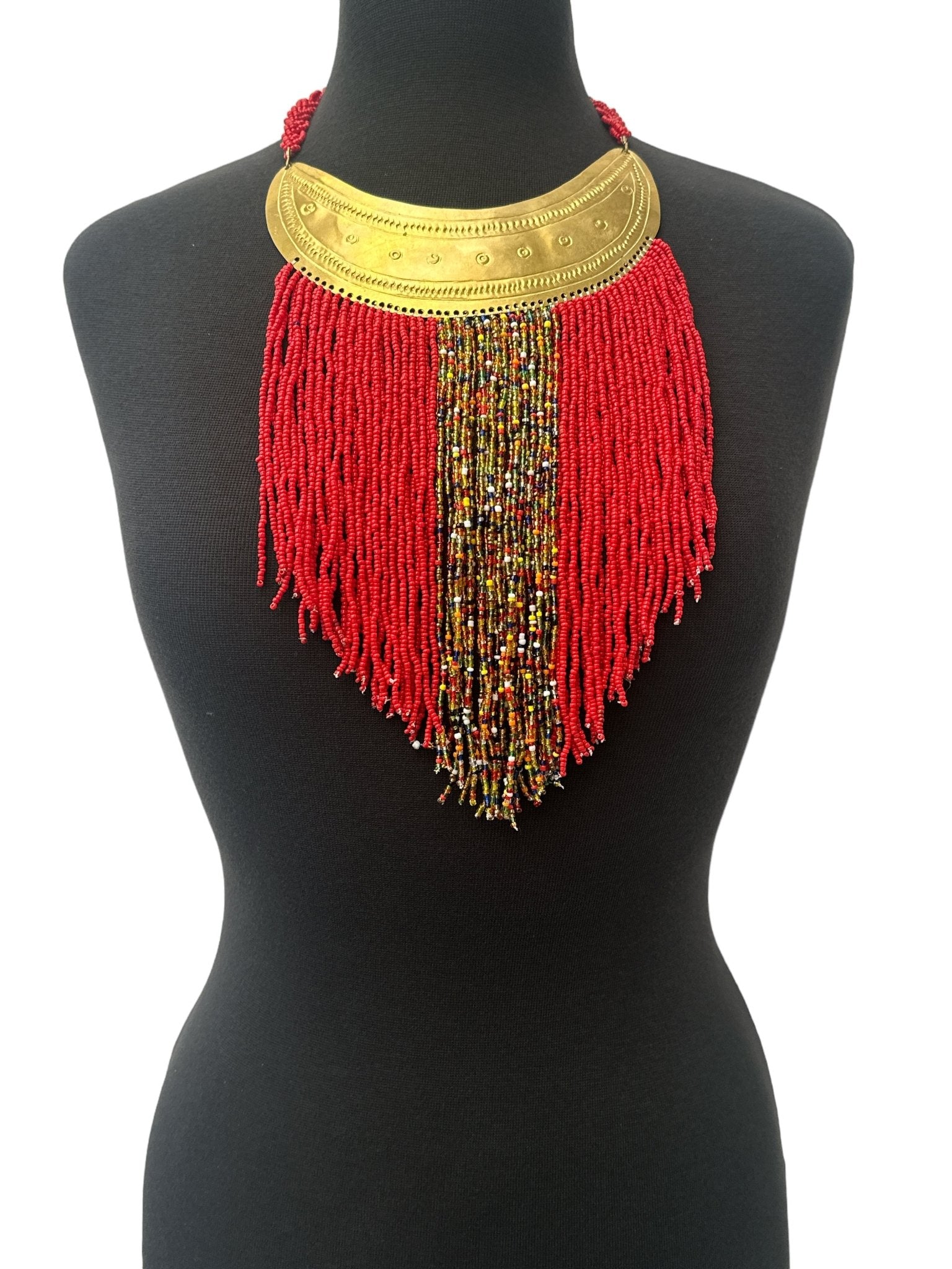 Authentic African Red Beaded Ethnic Tassels Fringe Brass Pendant Necklace - Fatisha Boutique