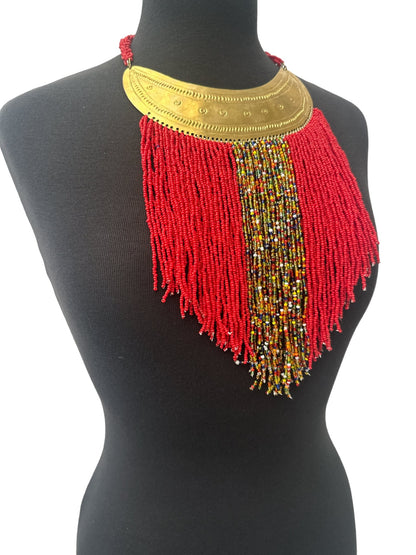 Authentic African Red Beaded Ethnic Tassels Fringe Brass Pendant Necklace - Fatisha Boutique
