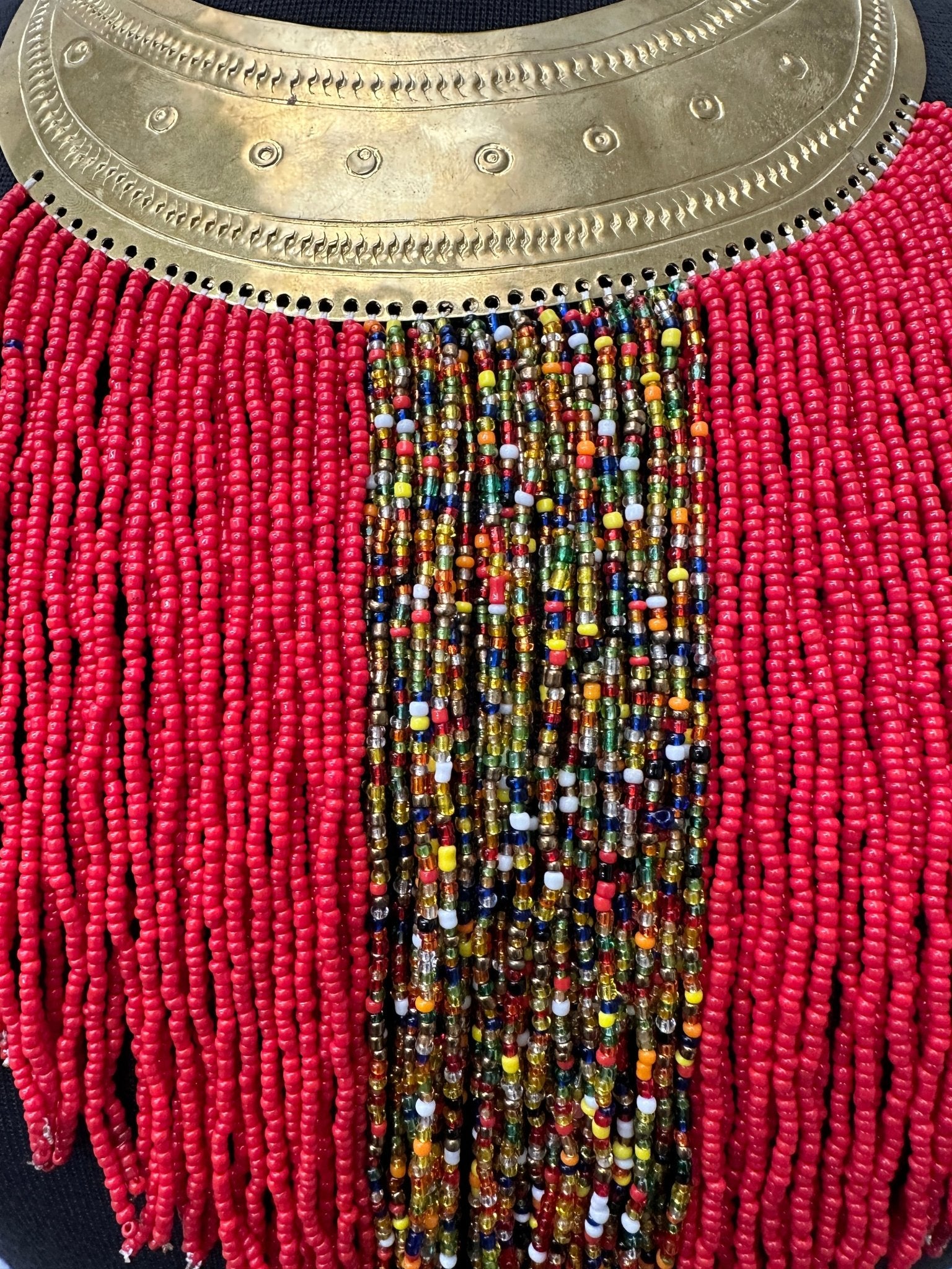 Authentic African Red Beaded Ethnic Tassels Fringe Brass Pendant Necklace - Fatisha Boutique