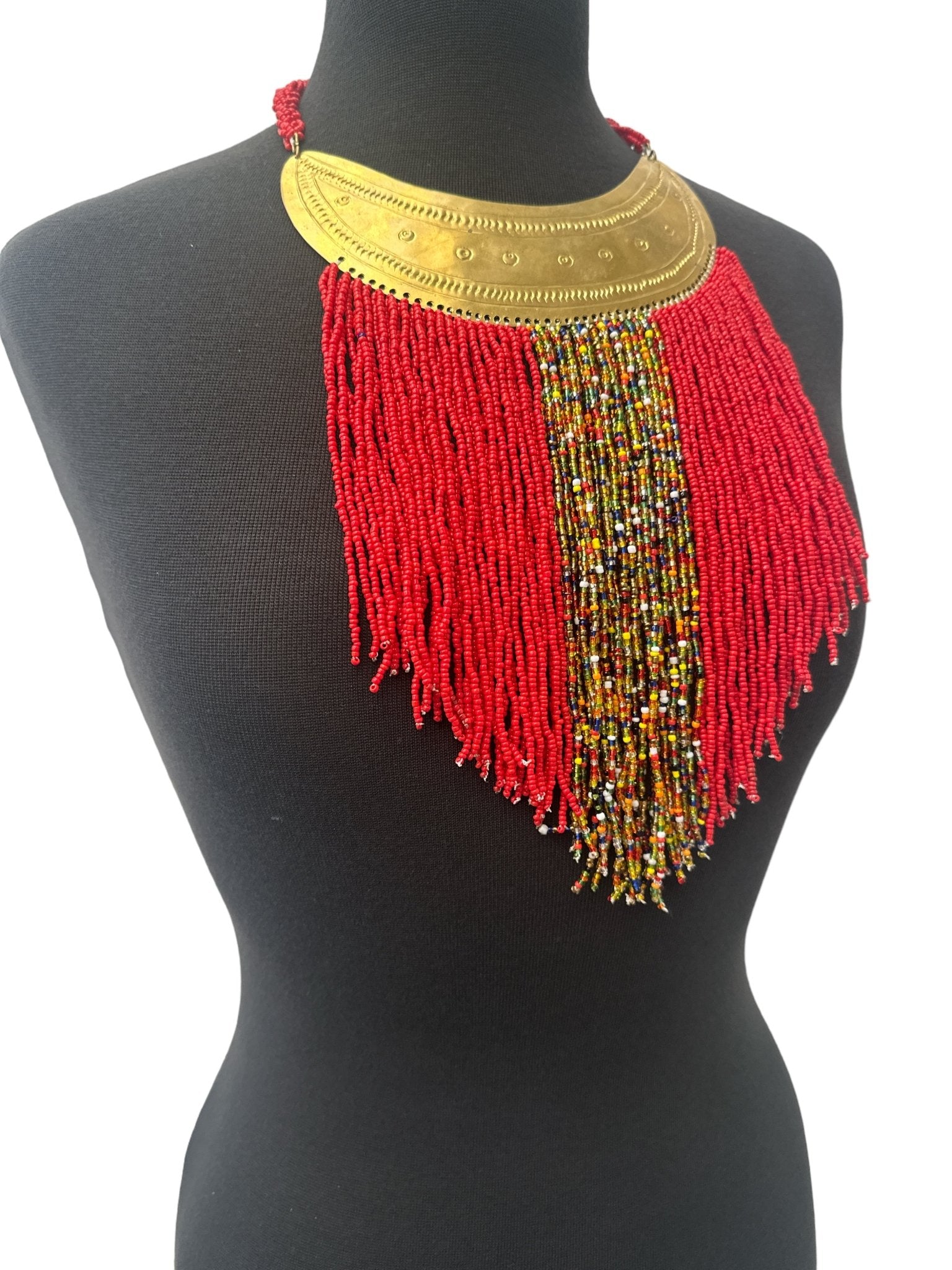 Authentic African Red Beaded Ethnic Tassels Fringe Brass Pendant Necklace - Fatisha Boutique