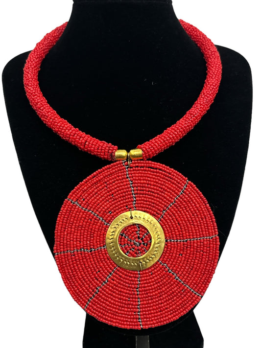 Authentic African Red Beaded Large Disc Pendant Necklace - Fatisha Boutique