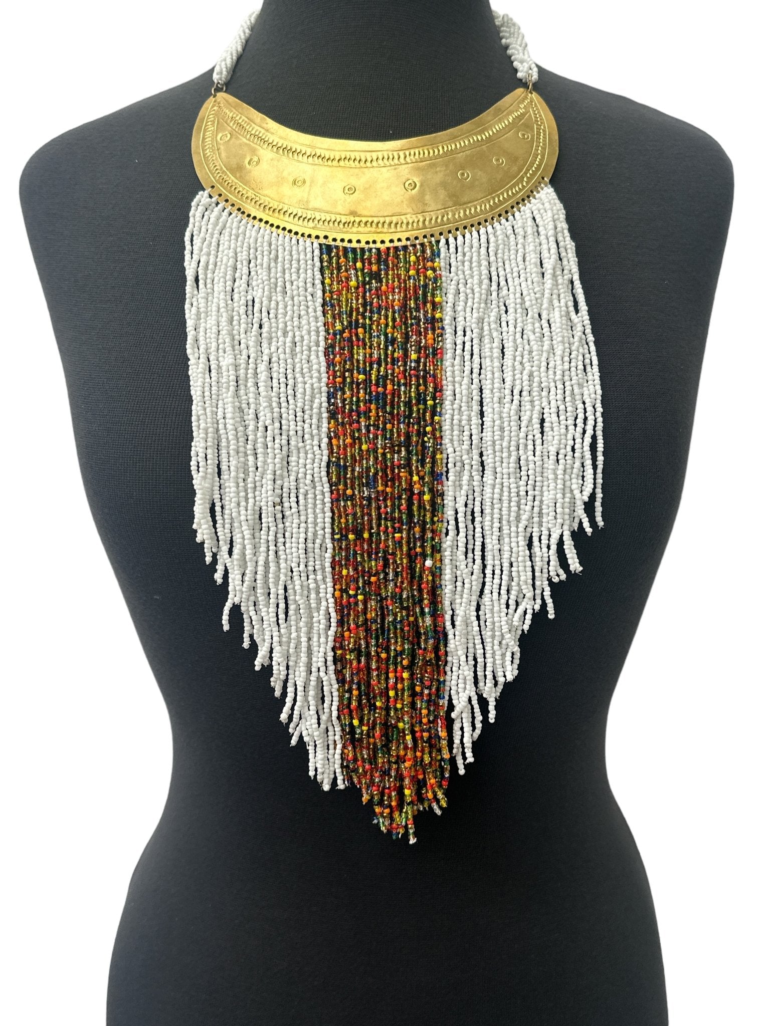 Authentic African White Beaded Ethnic Tassels Fringe Brass Pendant Necklace - Fatisha Boutique