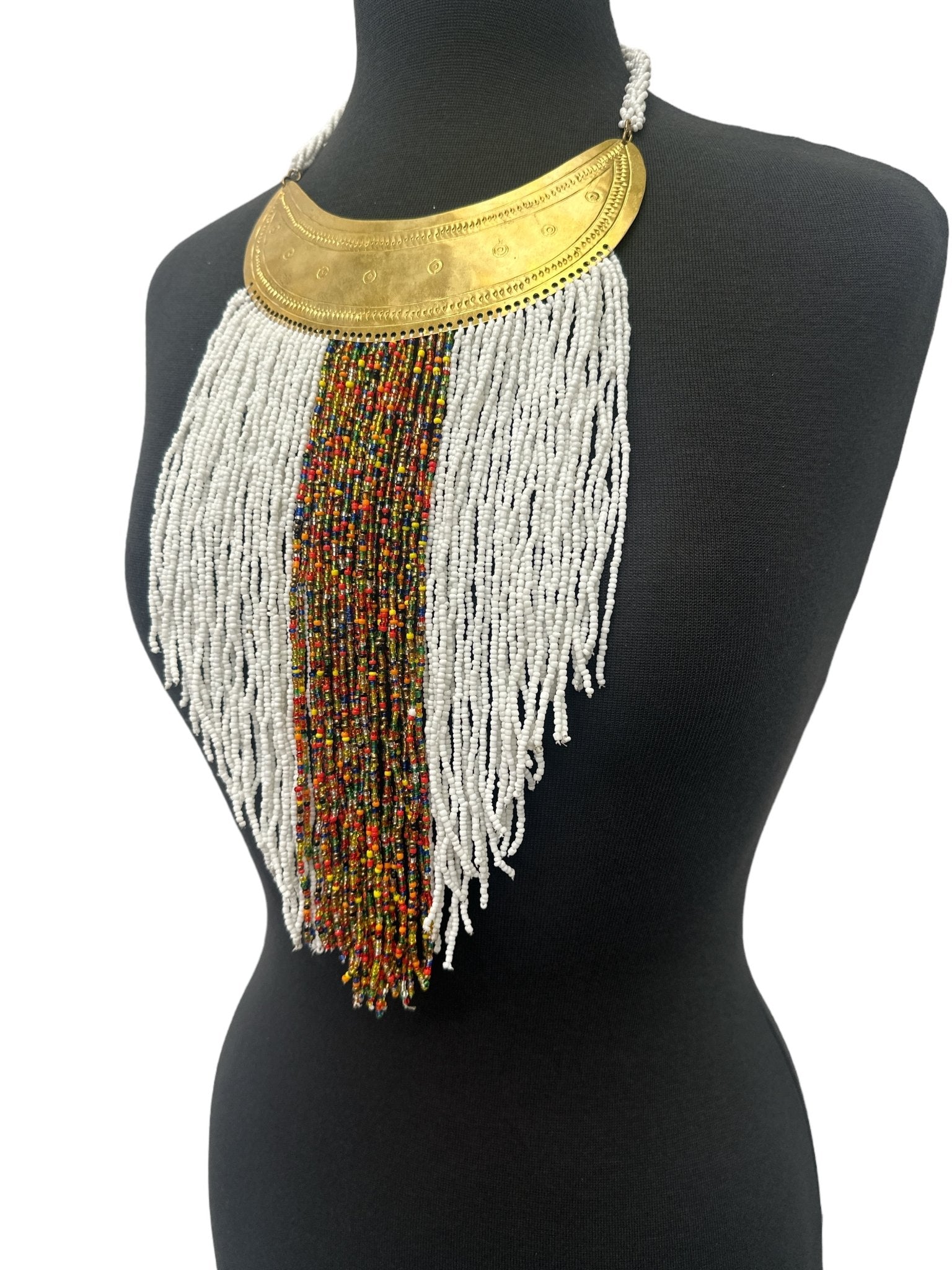 Authentic African White Beaded Ethnic Tassels Fringe Brass Pendant Necklace - Fatisha Boutique