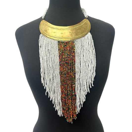Authentic African White Beaded Ethnic Tassels Fringe Brass Pendant Necklace - Fatisha Boutique