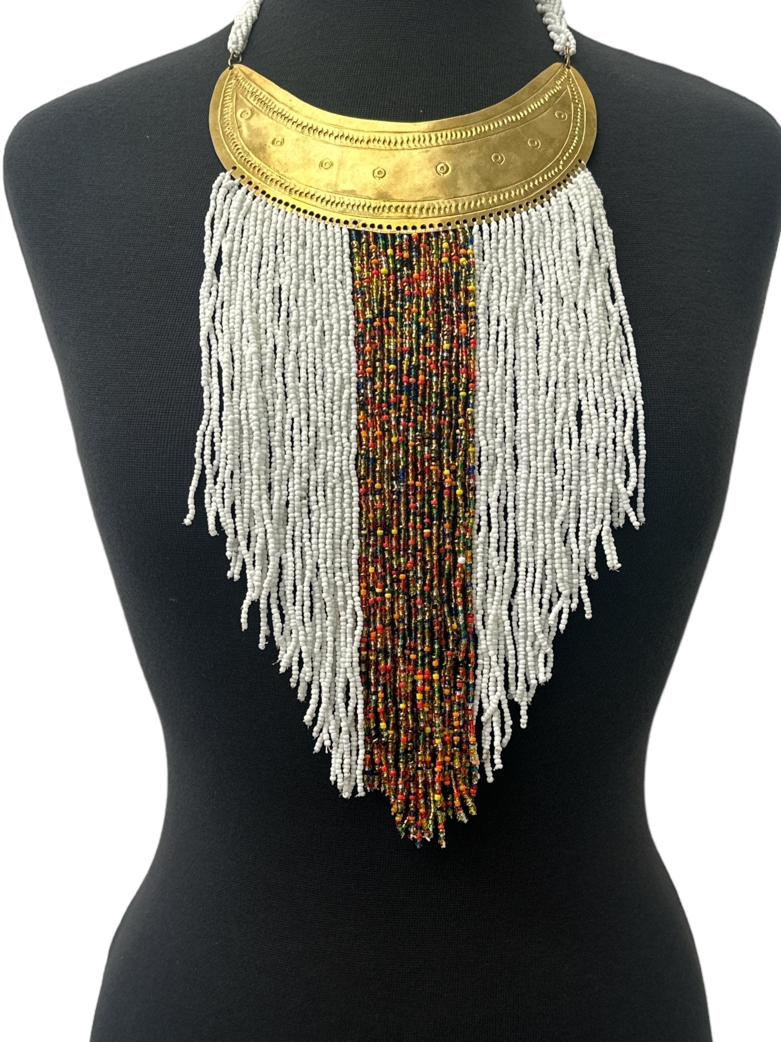 Authentic African White Beaded Ethnic Tassels Fringe Brass Pendant Necklace - Fatisha Boutique