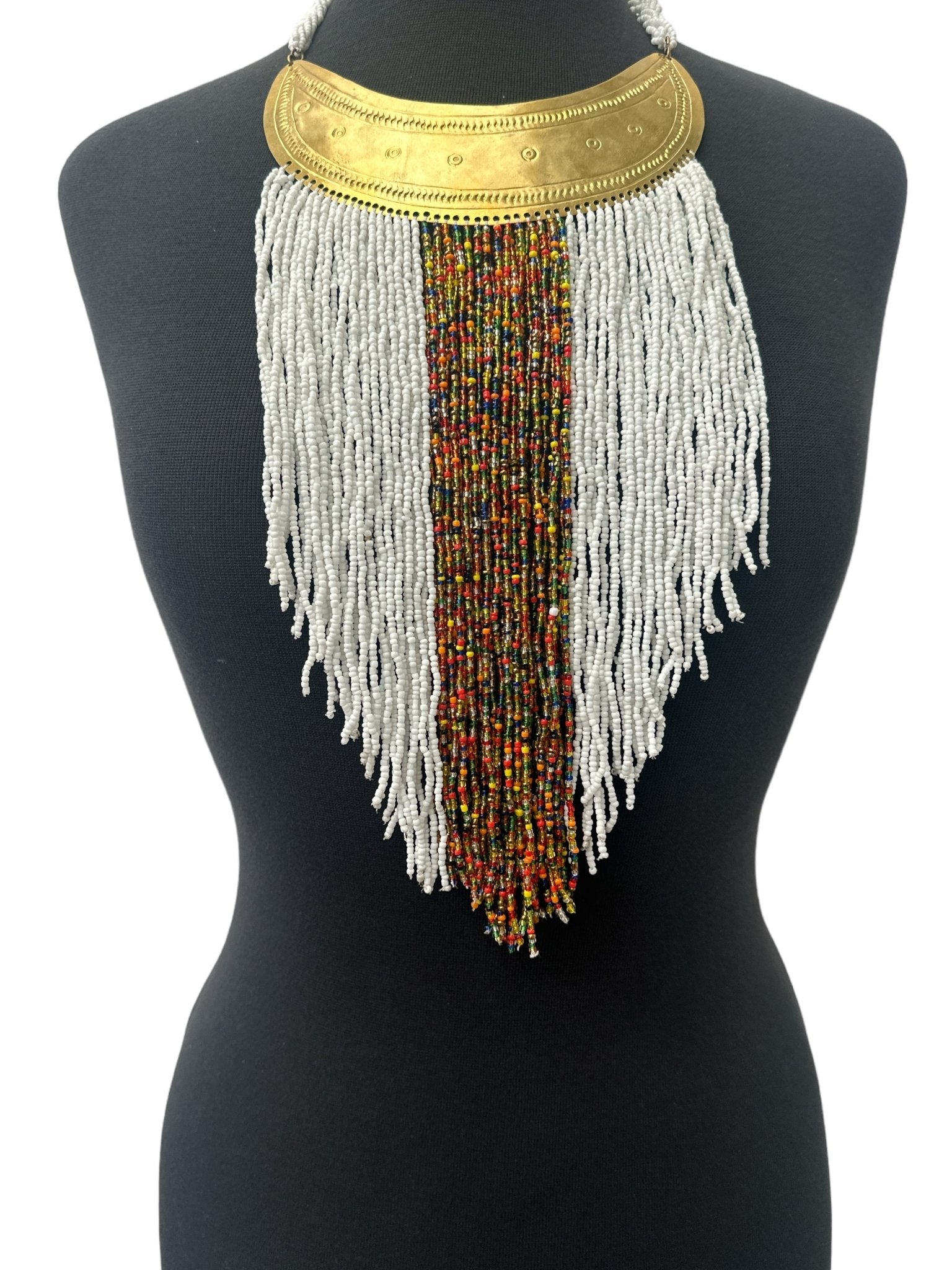 Authentic African White Beaded Ethnic Tassels Fringe Brass Pendant Necklace - Fatisha Boutique