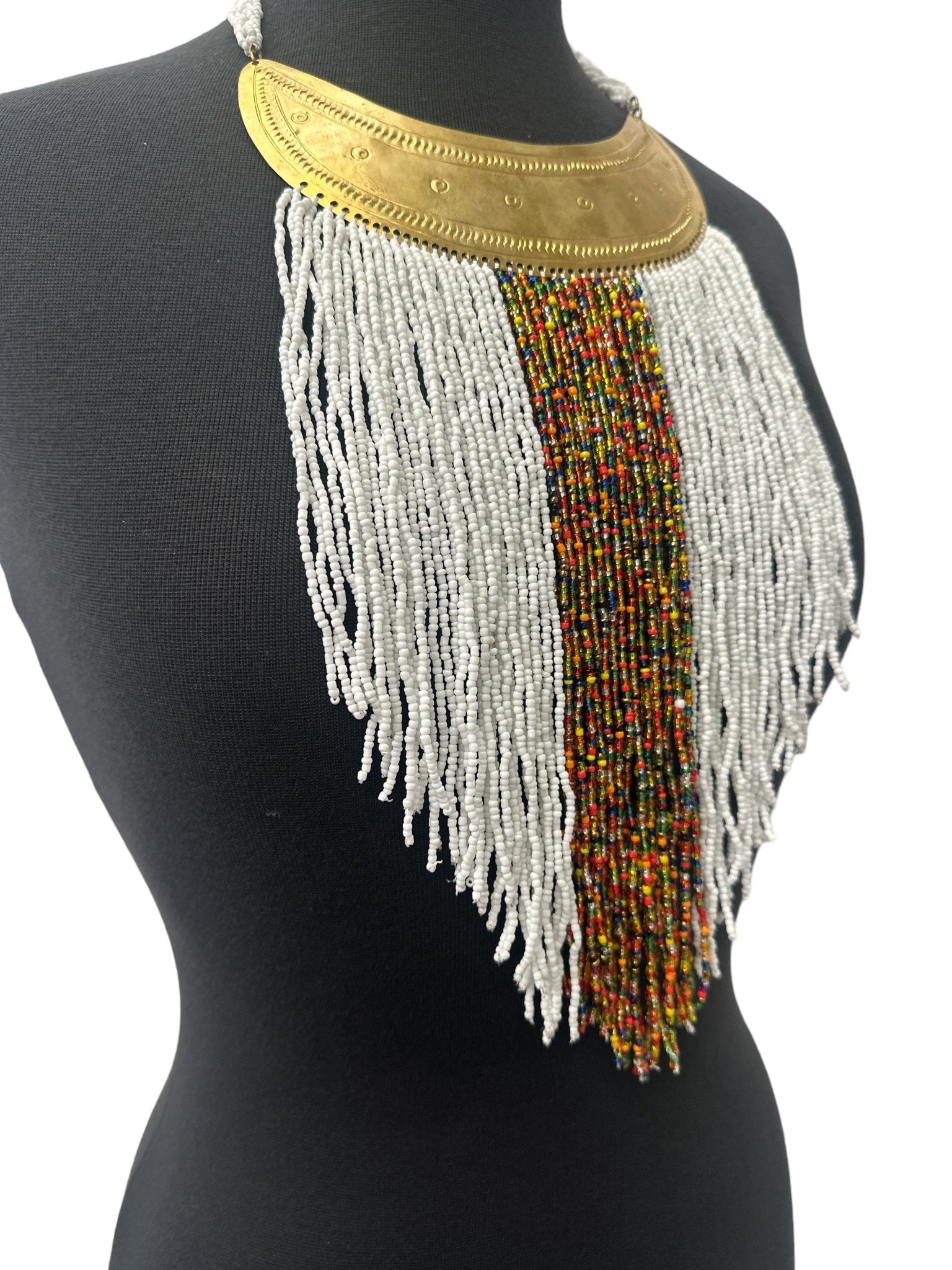 Authentic African White Beaded Ethnic Tassels Fringe Brass Pendant Necklace - Fatisha Boutique
