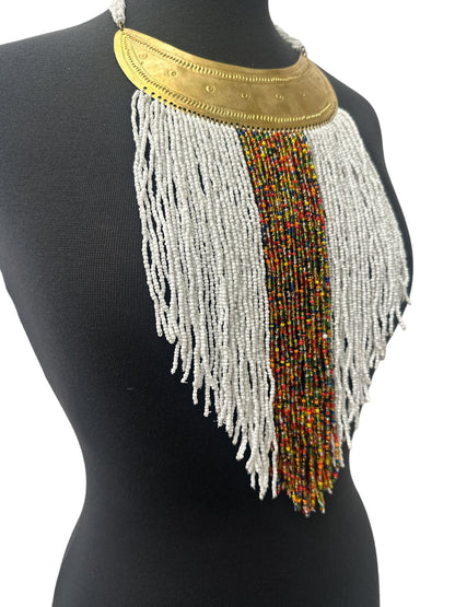 Authentic African White Beaded Ethnic Tassels Fringe Brass Pendant Necklace - Fatisha Boutique