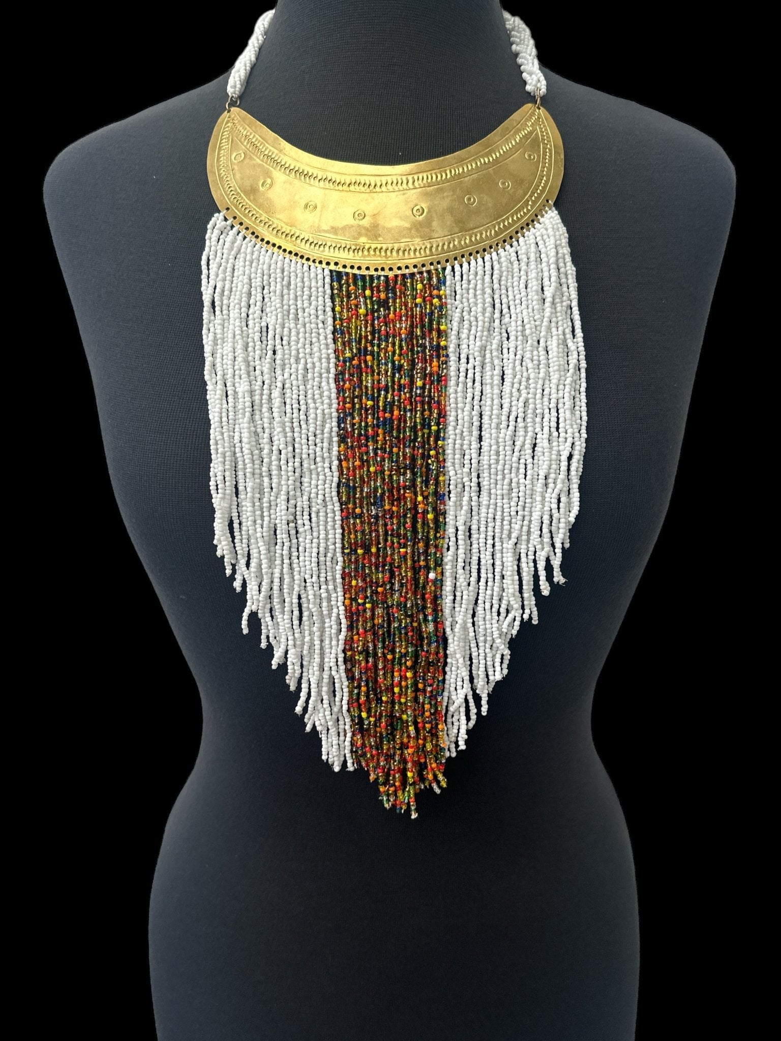 Authentic African White Beaded Ethnic Tassels Fringe Brass Pendant Necklace - Fatisha Boutique