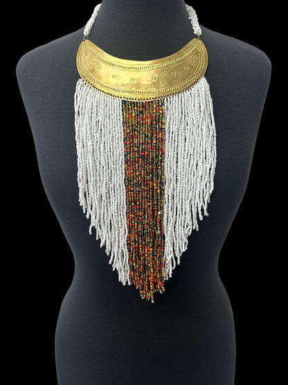 Authentic African White Beaded Ethnic Tassels Fringe Brass Pendant Necklace - Fatisha Boutique