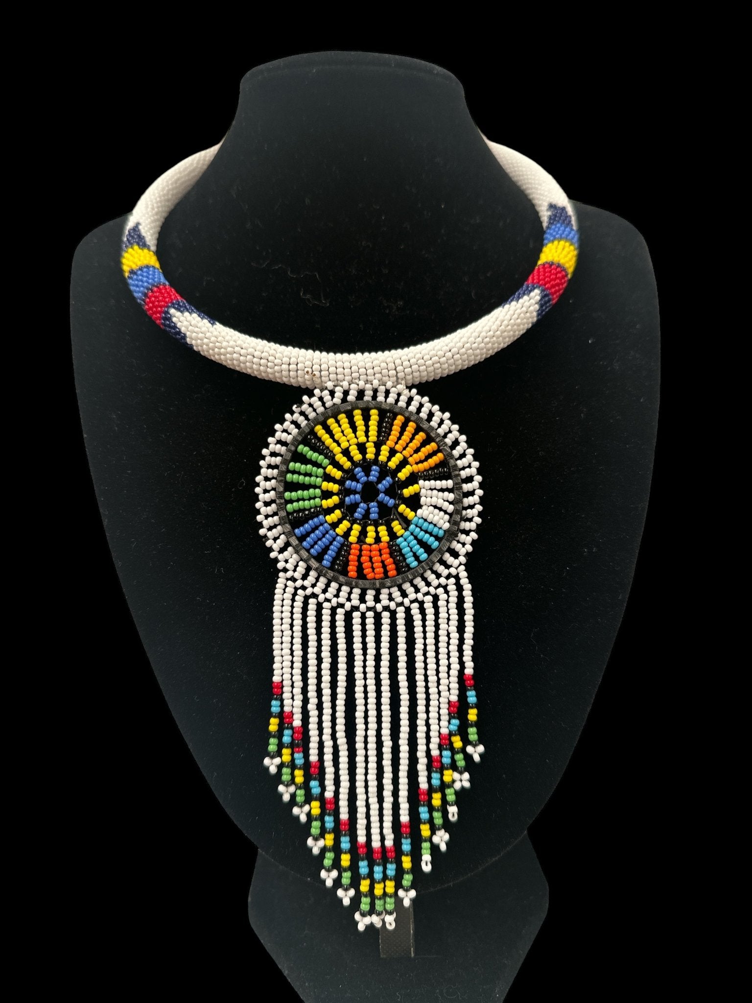 Authentic African White Beaded Tassel Ethnic Pendant Necklace - Fatisha Boutique